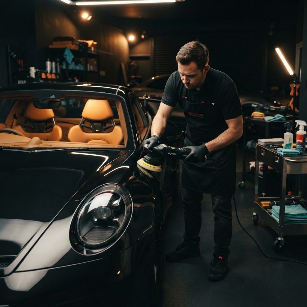 Detailer polishing a luxury car